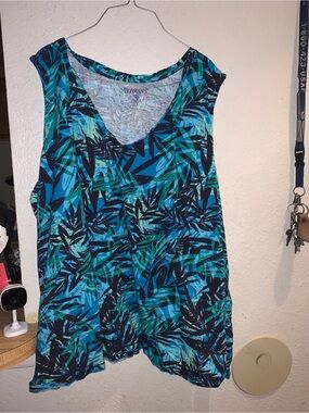 Roaman's Blue Teal Palm-Print Sleeveless V-Neck Top